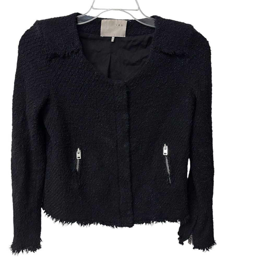 IRO Agneta Black Boucle Tweed Knit Jacket Size 2 Full Zip Pockets